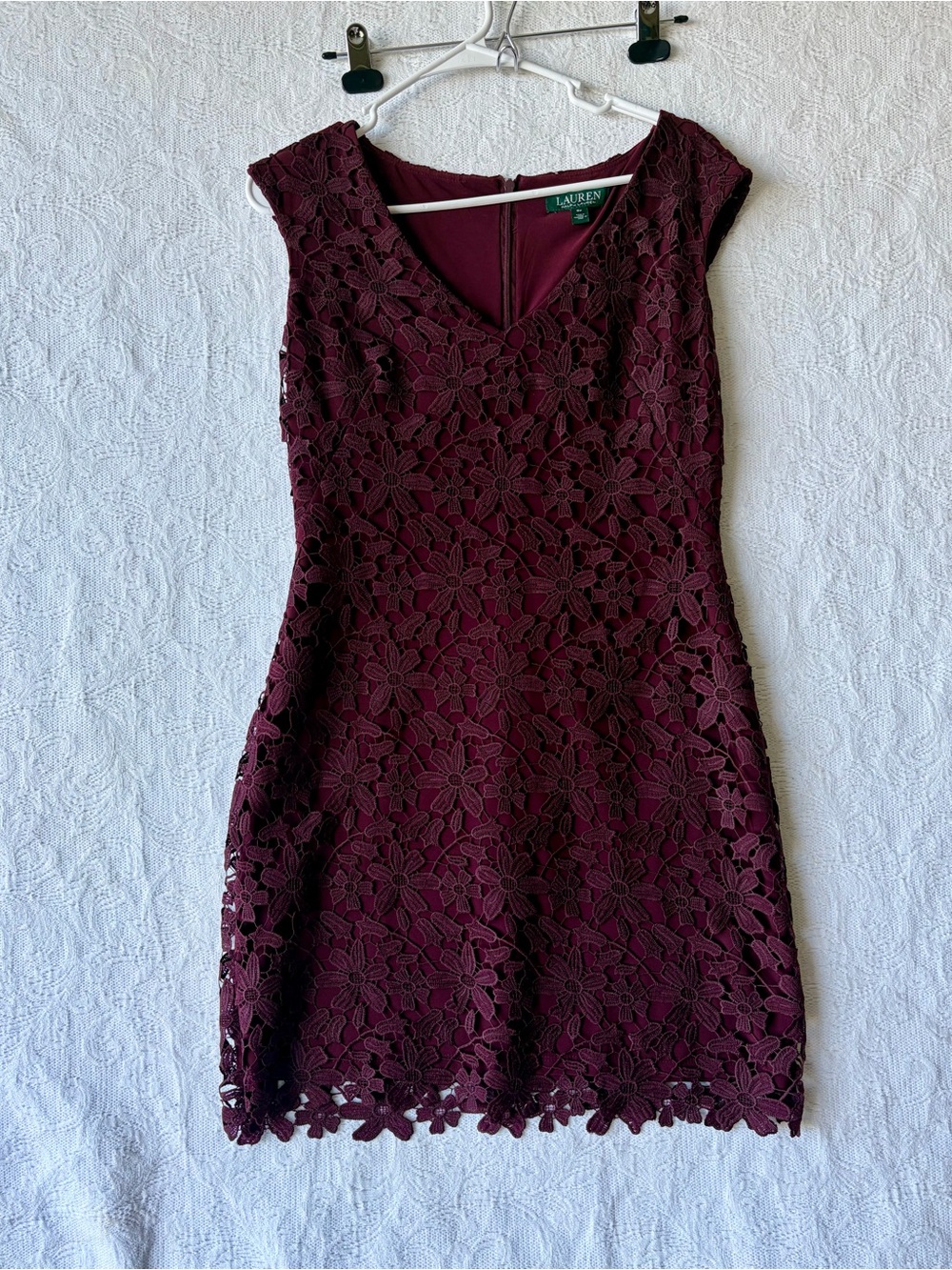Lauren Ralph Lauren Wine Floral Lace Midi Sheath Dress